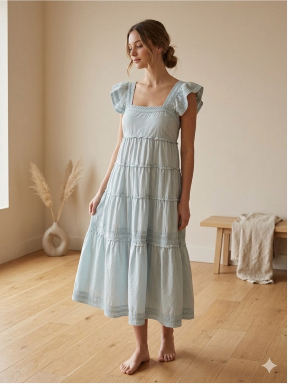 KARLIE Light Blue Cotton Smocked Tiered Ruffle Dress Midi Cottagecore Pockets M